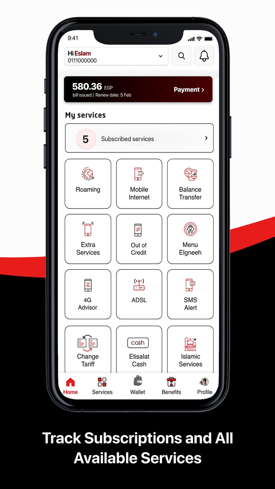 My e& self-care app interface